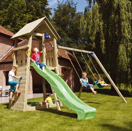 CASITA DE MADERA ELEVADA PARQUE INFANTIL BELVEDERE Y COLUMPIO DOBLE