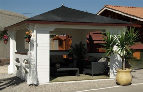 MUEBLE CENADOR PARA JARDIN O EXTERIOR EN MADERA, SE SIRVE SIN PINTAR Y SIN MONTAR, CENADOR MODELO IBIZA DE 58mm DE GROSOR