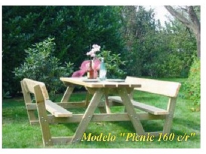 VENTA MESA PICNIC DE MADERA CON ASIENTOS Y RESPALDO, LONGITUD 160, MOD
