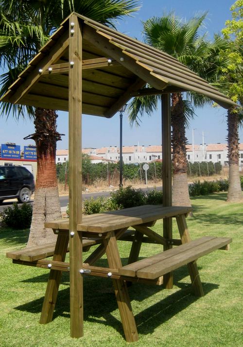 COMPRAR MESAS CON BANCOS Y TECHO DE MADERA MODELO R�STICO DE HOSTELERIA, REF ASL_440