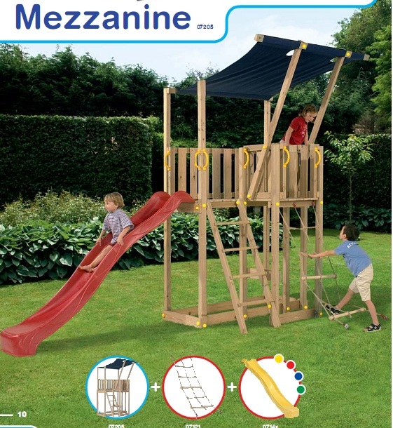 PARQUE INFANTIL DE MADERA CON UN TOBOG�N Y CASITA CON TOLDO MODELO MEZANINE BLUE RABBIT, KIT PARA CONSTRUIR