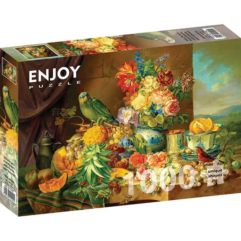 PUZZLE ENJOY 1000 PIEZAS - 1191 -  Bodegón con frutas, flores y un loro, Schuster