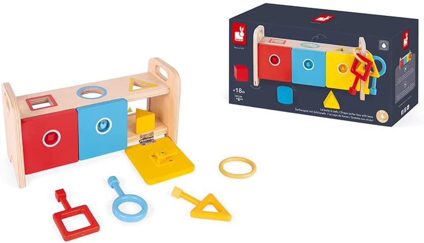 Janod - Essentiel - la Caja de Llaves - Juego Educativo de Madera pequeños 2 en 1 - Aprender Las Formas y los Co, eléctricos y motos para