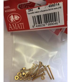 AMATI 496014 - TORNILLOS DE LATON CON TUERCA. 10 UNIDADES. 2x 14mm