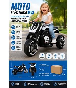 MOTO FUTURE 12V DE NIÑOS, BLANCA, 3-7 AÑOS, RUEDAS EVA INDA474-RA-LL8001